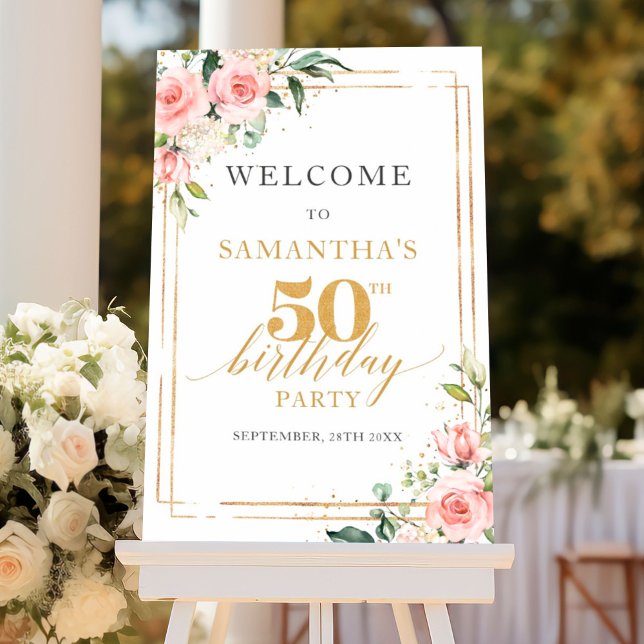 Boho  blommigt sage guld 50-årsdag välkomnande poster (Elegant boho blush pink roses greenery gold frame 50th birthday welcome sign )