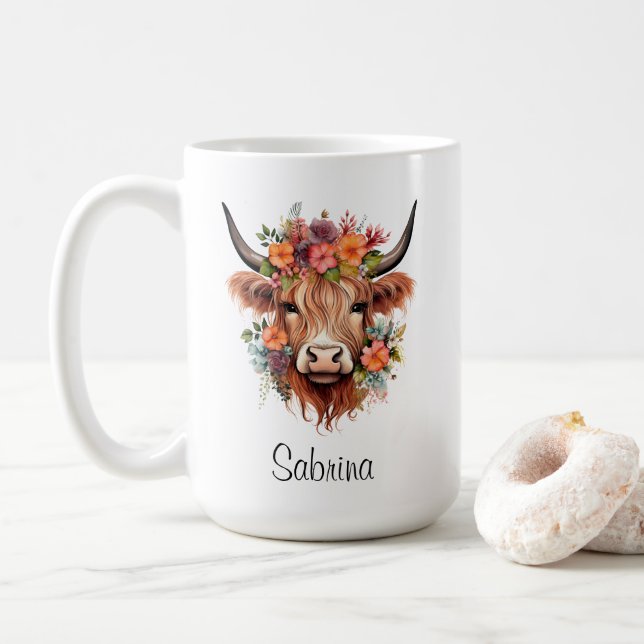 Boho Blommigt Scottish Highland Cow Western Anpass Kaffemugg (Med munk)