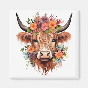 Boho Blommigt Scottish Highland Cow Westerna Flowe Magnet