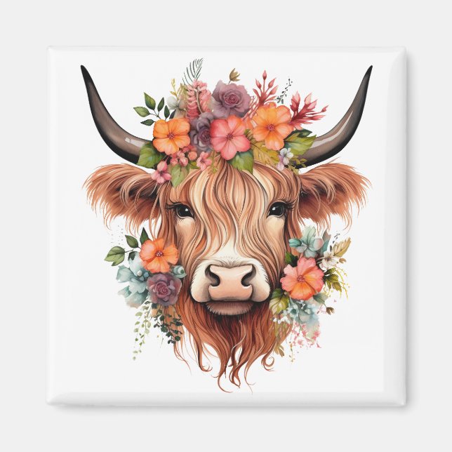 Boho Blommigt Scottish Highland Cow Westerna Flowe Magnet (Framsidan)