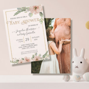 BOHO Blommigt Script Guld Girl Baby Shower Photo I Inbjudningar