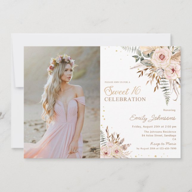Boho Blommigt Script Guld Glitter Sweet 16 Photo Inbjudningar (Framsida)