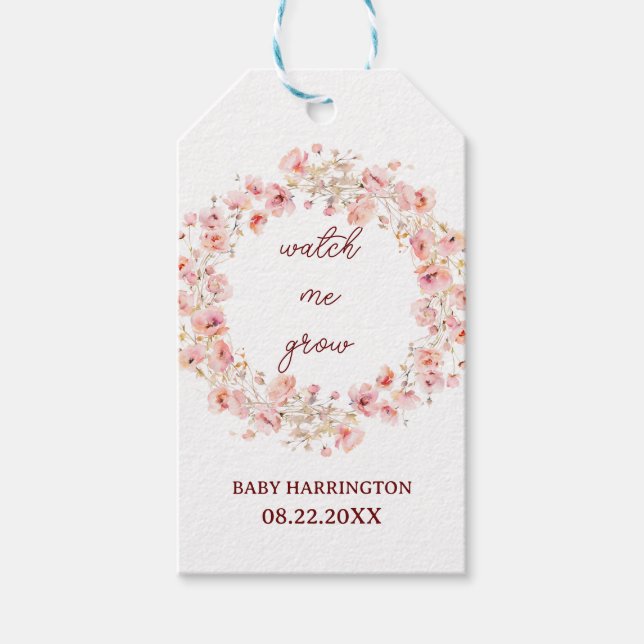  Boho-Blommigt Se mig växa babyskor Presentetikett (Framsidan)