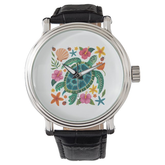 Boho Blommigt Sea Turtle Armbandsur (Framsida)