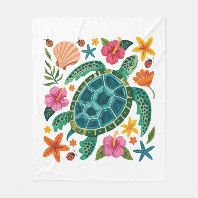 Boho Blommigt Sea Turtle Fleecefilt (Framsidan)