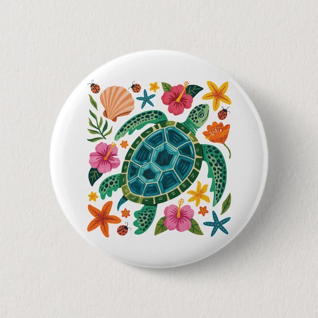 Boho Blommigt Sea Turtle Knapp (Framsida)