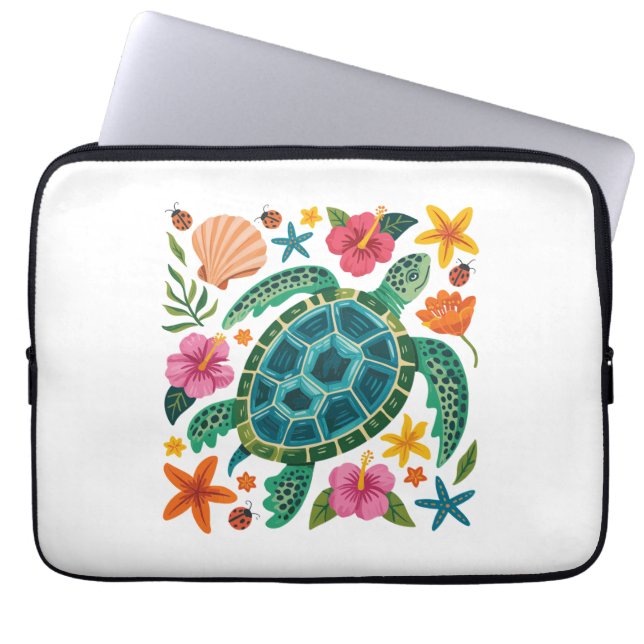 Boho Blommigt Sea Turtle Laptop Fodral (Framsidan)