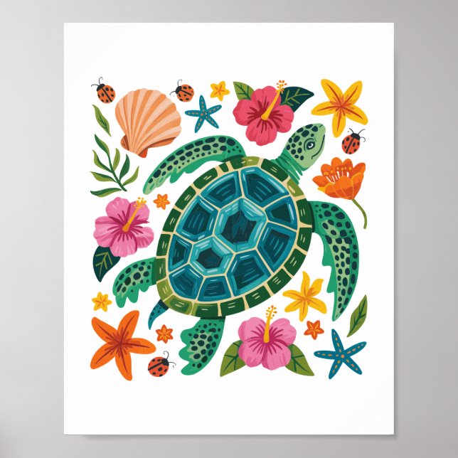 Boho Blommigt Sea Turtle Poster (Framsidan)