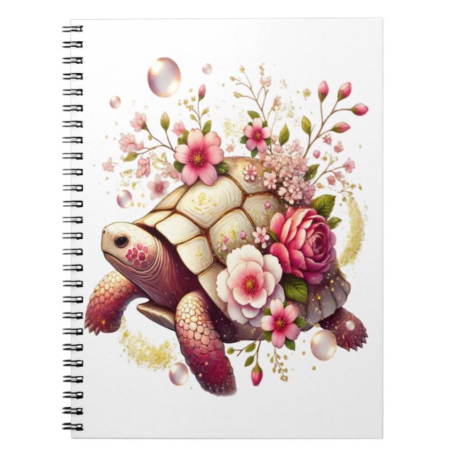 Boho Blommigt Sea Turtle Rosa Blommar Anteckningsbok (Framsidan)