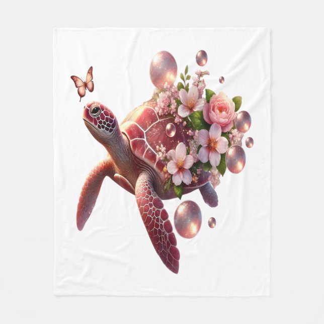 Boho Blommigt Sea Turtle, Rosa Blommar Fleecefilt (Framsidan)
