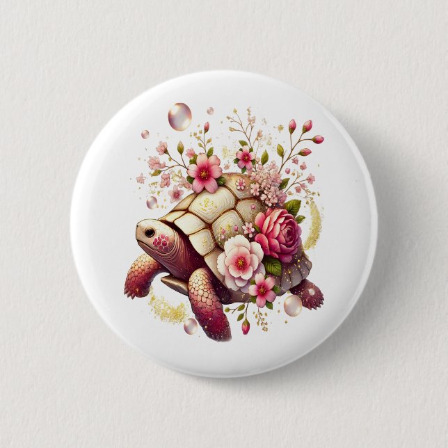 Boho Blommigt Sea Turtle Rosa Blommar Knapp (Framsida)