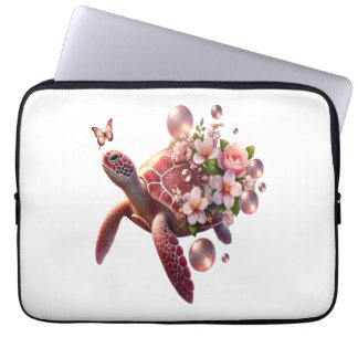 Boho Blommigt Sea Turtle, Rosa Blommar Laptop Fodral