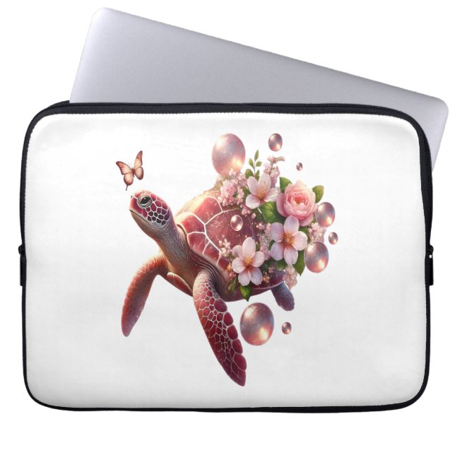 Boho Blommigt Sea Turtle, Rosa Blommar Laptop Fodral (Framsidan)
