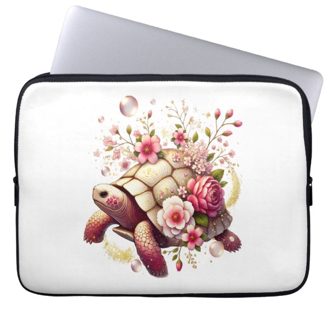 Boho Blommigt Sea Turtle Rosa Blommar Laptop Fodral (Framsidan)