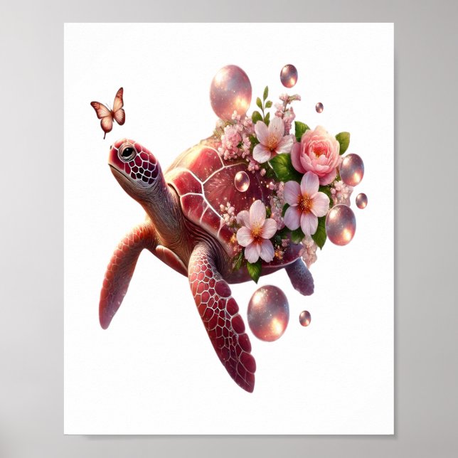 Boho Blommigt Sea Turtle, Rosa Blommar Poster (Framsidan)