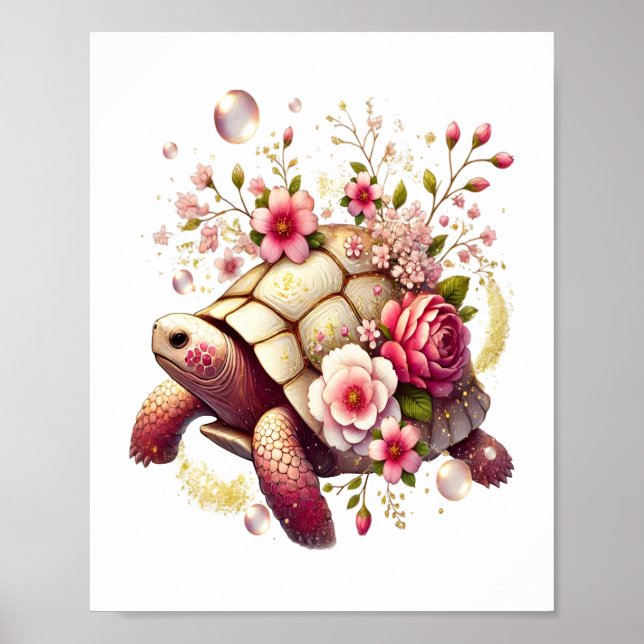 Boho Blommigt Sea Turtle Rosa Blommar Poster (Framsidan)
