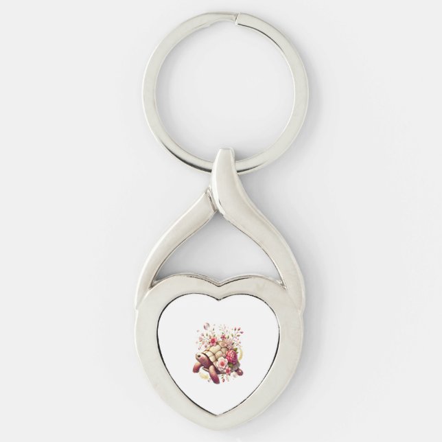 Boho Blommigt Sea Turtle Rosa Blommar Twisted Heart Silverfärgad Nyckelring (Framsidan)