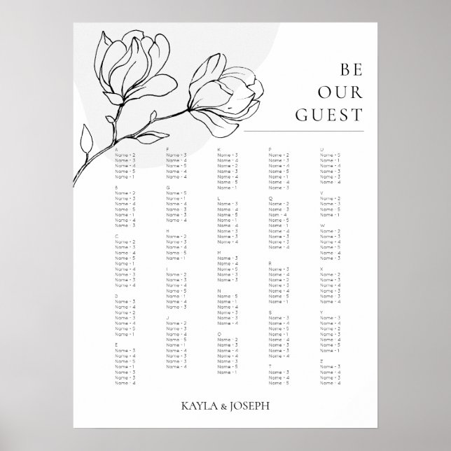 Boho Blommigt Simple Alfabetical Seating Chart Sig Poster (Framsidan)