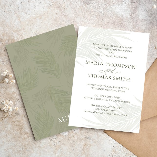 Boho Blommigt Simple Watercolor Grönt Handflatan L Inbjudningar (Elegant Boho tropical palm leaves wedding invitation. )