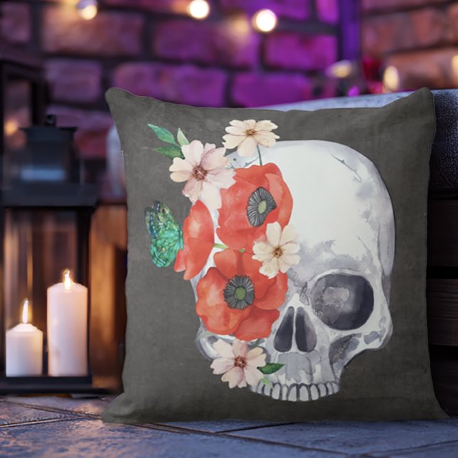 Boho Blommigt Skull Kudde (Floral Skull Throw Pillow)