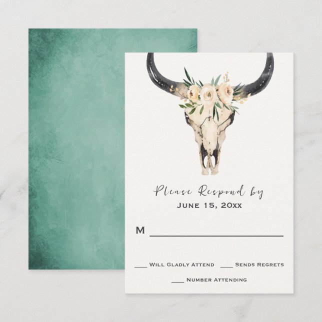 Boho Blommigt Skull på turkos Background Bröllop OSA Kort (Fram/baksida)