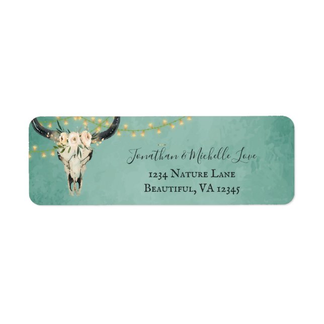 Boho Blommigt Skull, String Ljus Turquise Adress Returadress Etikett (Framsidan)