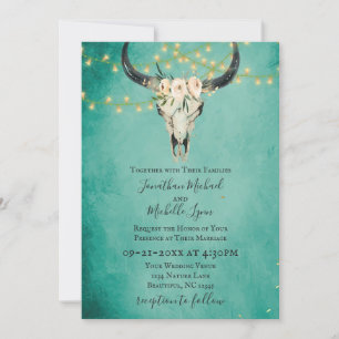 Boho Blommigt Skull, String Ljus Turquise Bröllop Inbjudningar