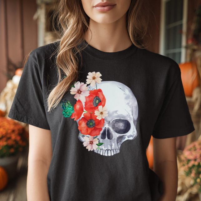 Boho Blommigt Skull T-Shirt (Boho Halloween Skull Shirt)