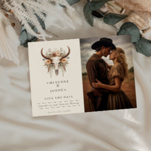 Boho Blommigt Skull Westernare Bröllop spara datum Vykort