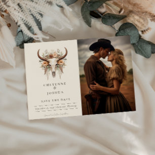 Boho Blommigt Skull Westernare Bröllop spara datum Vykort