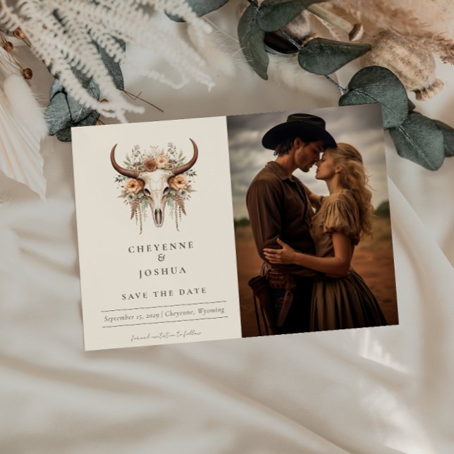 Boho Blommigt Skull Westernare Bröllop spara datum Vykort (Skapare uppladdad)