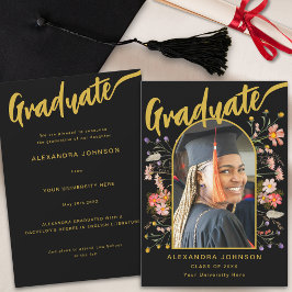 Boho Blommigt Student Photo Black och Guld Script Meddelande