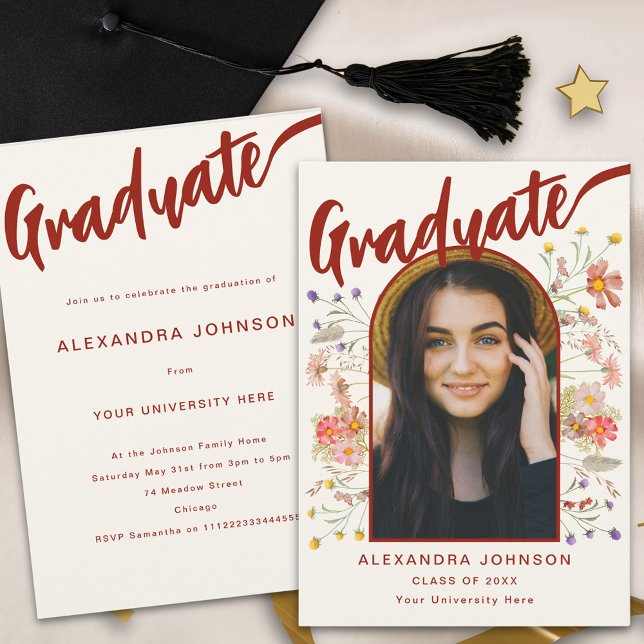 Boho Blommigt Student Photo Script-Studentfest Inbjudningar (Boho wildflower arch graduate photo stylish burnt orange calligraphy graduation party invitation )