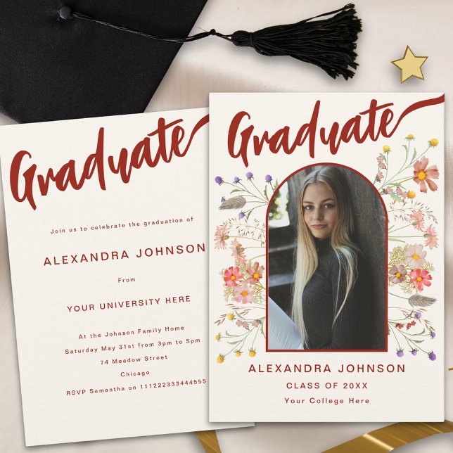 Boho Blommigt Student Photo Script-Studentfest Inbjudningar (Boho floral burnt orange script graduate photo arch graduation  party invitation wildflowers)