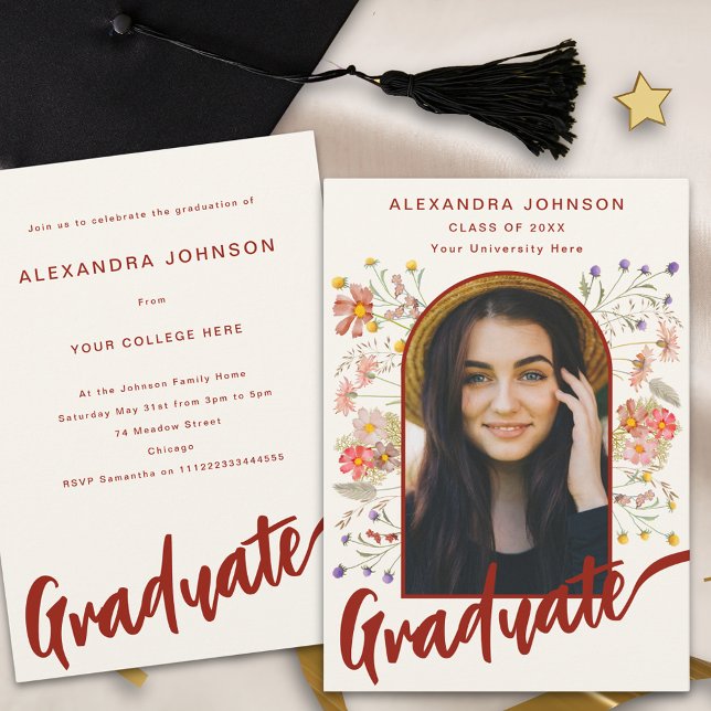 Boho Blommigt Student Photo Script-Studentfest Inbjudningar (Boho floral burnt orange script graduate photo arch Graduation party invitation)