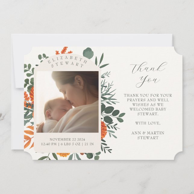 Boho Blommigt Tack Baby Birth Notice Inbjudningar (Framsida)