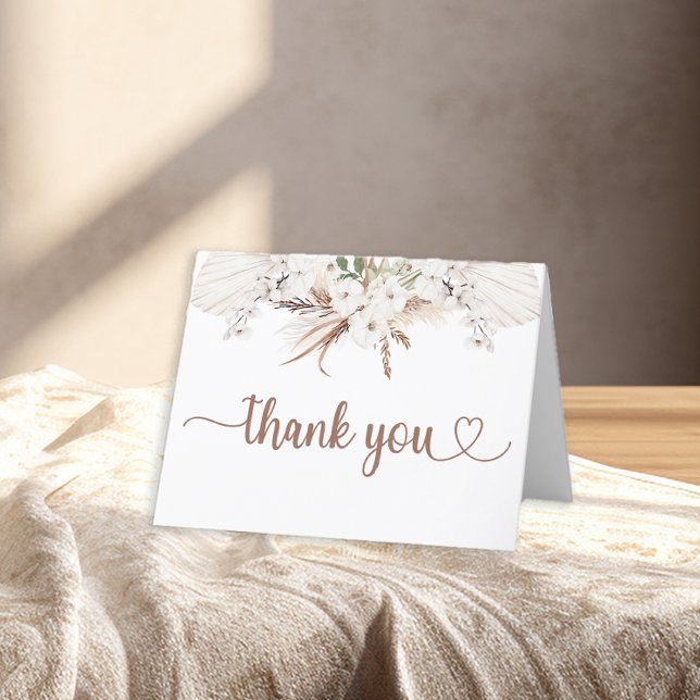 Boho Blommigt - tack för Neutralt Pampas Kort (Boho Floral Thank You Card)
