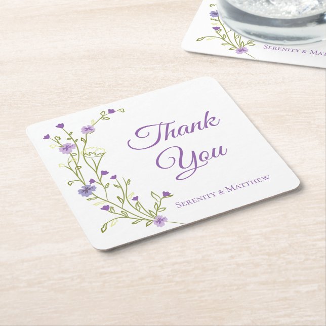 Boho Blommigt Tack Lila Wildblomma Bröllop Underlägg Papper Kvadrat (Vinklad)
