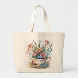 Boho Blommigt Tekopp - Whimsique Flower Art Tote B Jumbo Tygkasse