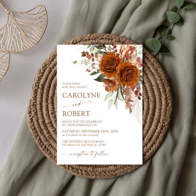 Boho Blommigt Terracotta Burnt Orange Bröllop Inbjudningar (Skapare uppladdad)
