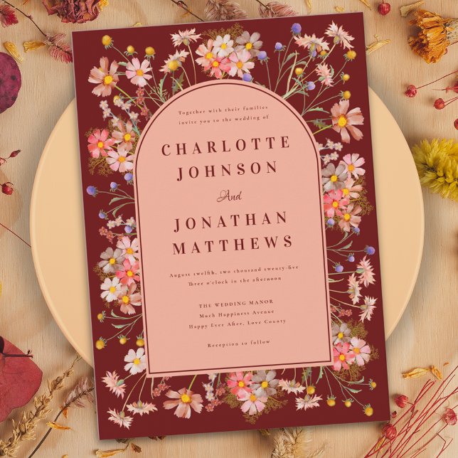 Boho Blommigt Terracotta Burnt Orange Fall Wedding Inbjudningar (Wildflower boho arch elegant script terracotta burnt orange fall wedding invitation )