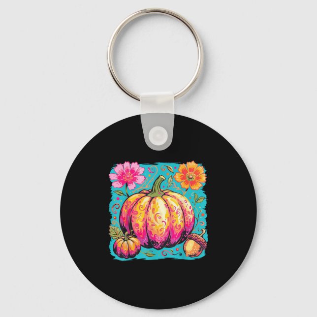 Boho Blommigt Thanksgiving Pumpkin Season Fall Vib Nyckelring (Framsida)