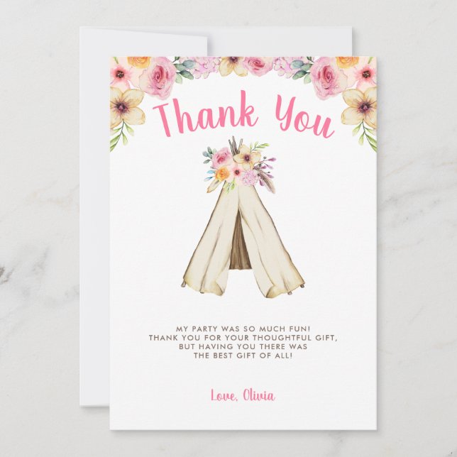 Boho Blommigt Tribal Teepee Birthday Tack Kort (Framsida)