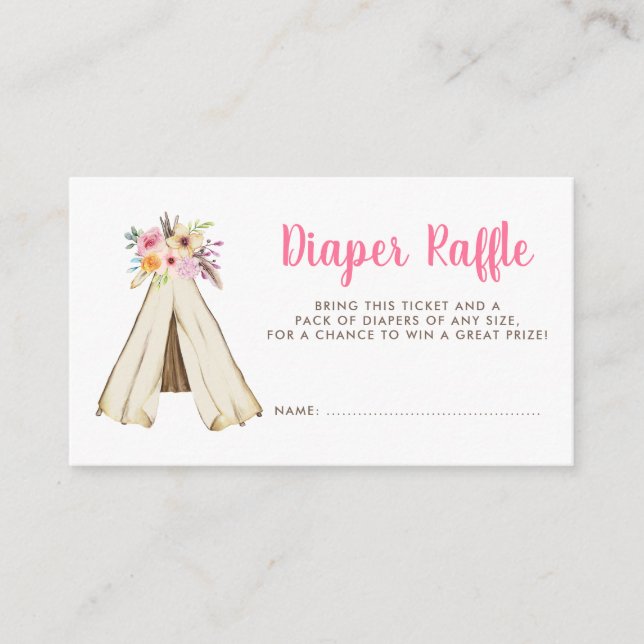 Boho Blommigt Tribal Teepee Diaper Raffle Biljett Tilläggskort (Framsida)