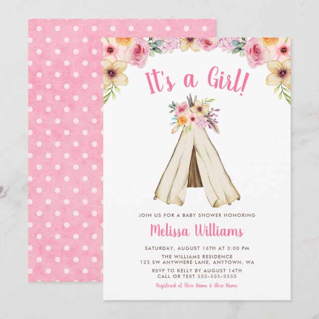 Boho Blommigt Tribal Teepee Girl Baby Shower Inbju Inbjudningar (Fram/baksida)