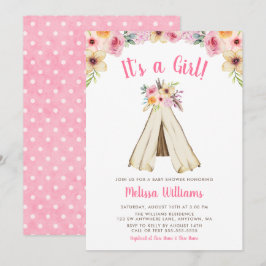 Boho Blommigt Tribal Teepee Girl Baby Shower Inbju Inbjudningar