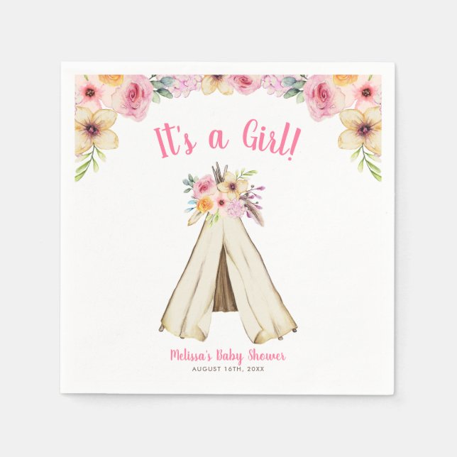 Boho Blommigt Tribal Teepee Girl Baby Shower Pappersservett (Framsidan)