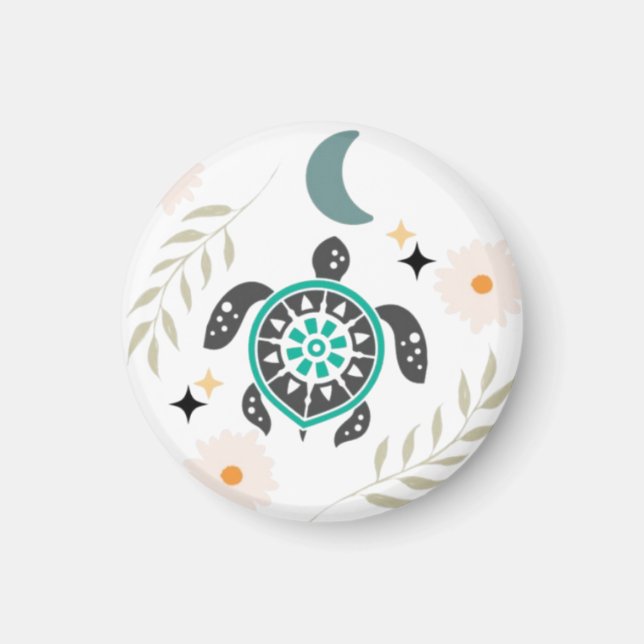 Boho Blommigt Turtle - Crescent Måne Magnet (Framsidan)