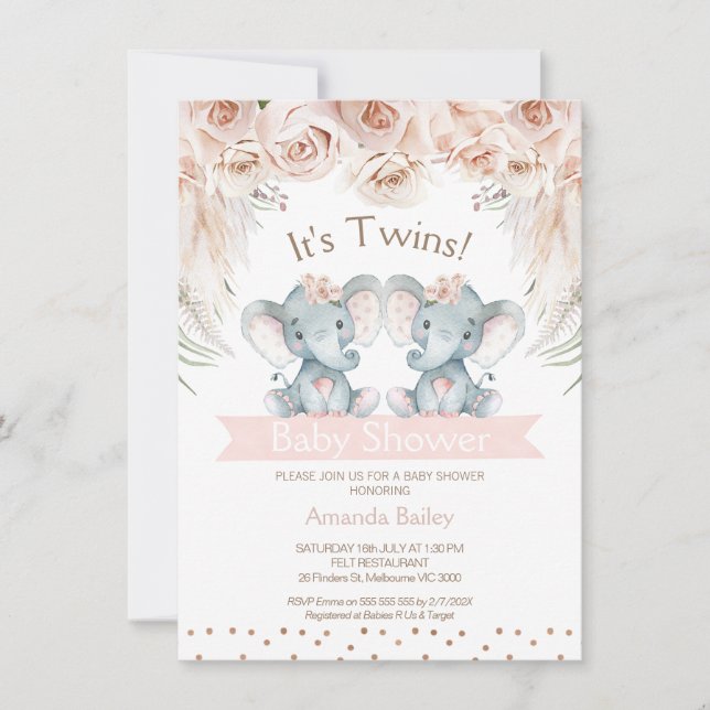 Boho Blommigt Twin Elephant Baby Shower-inbjudan Inbjudningar (Framsida)