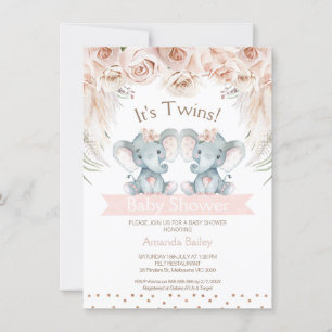 Boho Blommigt Twin Elephant Baby Shower-inbjudan Inbjudningar